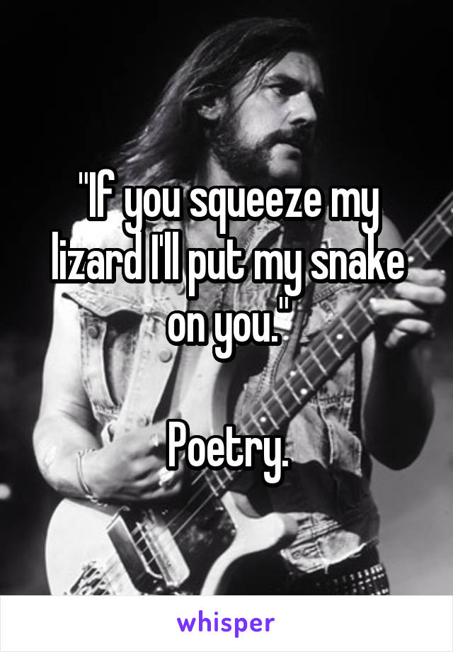 "If you squeeze my lizard I'll put my snake on you."

Poetry.