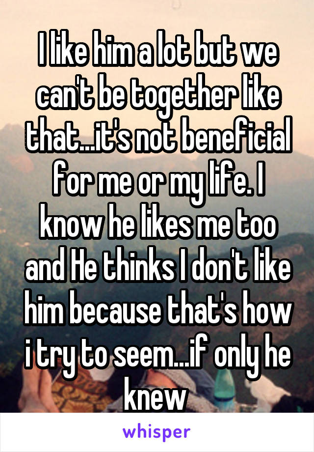I like him a lot but we can't be together like that...it's not beneficial for me or my life. I know he likes me too and He thinks I don't like him because that's how i try to seem...if only he knew 