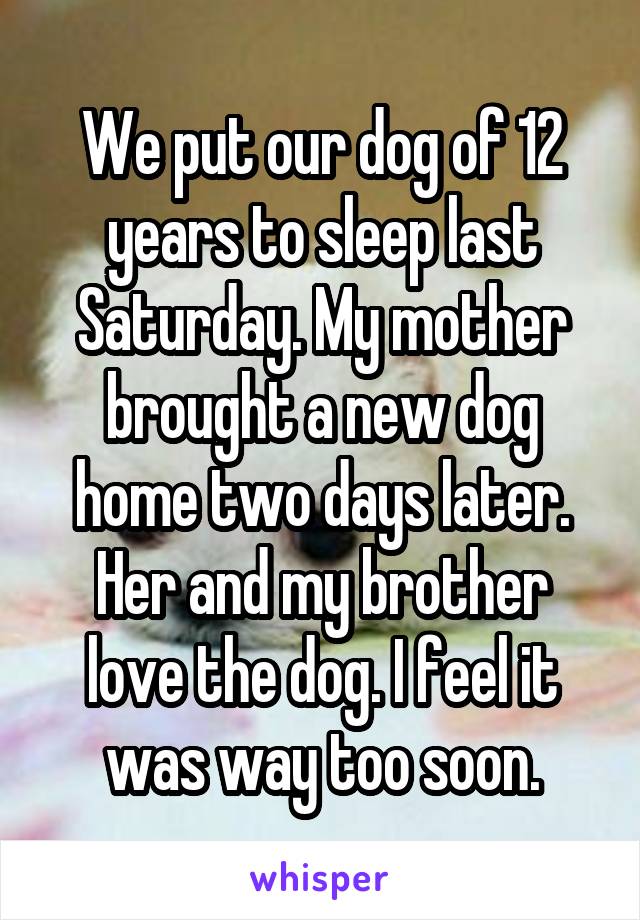 We put our dog of 12 years to sleep last Saturday. My mother brought a new dog home two days later.
Her and my brother love the dog. I feel it was way too soon.