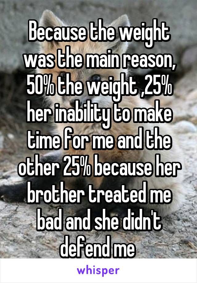 Because the weight was the main reason, 50% the weight ,25% her inability to make time for me and the other 25% because her brother treated me bad and she didn't defend me 