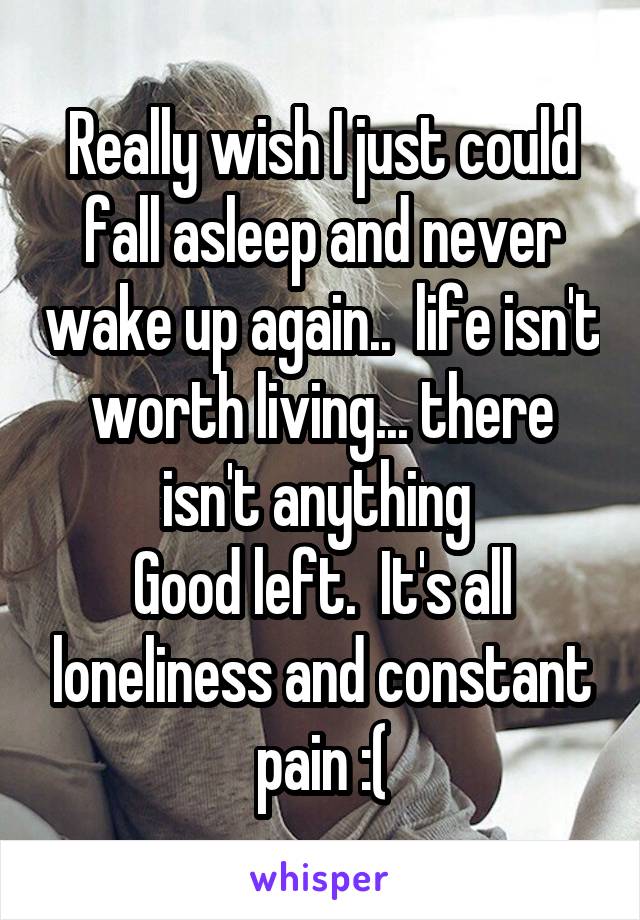 Really wish I just could fall asleep and never wake up again..  life isn't worth living... there isn't anything 
Good left.  It's all loneliness and constant pain :(