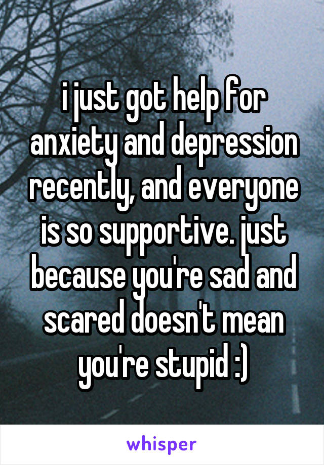 i just got help for anxiety and depression recently, and everyone is so supportive. just because you're sad and scared doesn't mean you're stupid :)