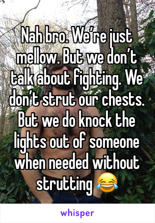 Nah bro. We’re just mellow. But we don’t talk about fighting. We don’t strut our chests. But we do knock the lights out of someone when needed without strutting 😂