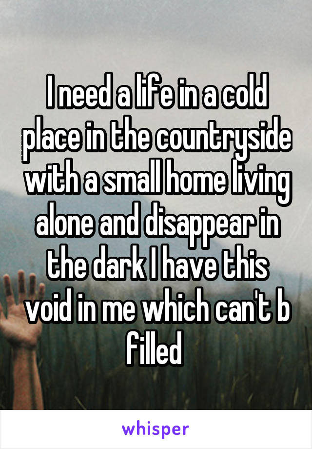 I need a life in a cold place in the countryside with a small home living alone and disappear in the dark I have this void in me which can't b filled 