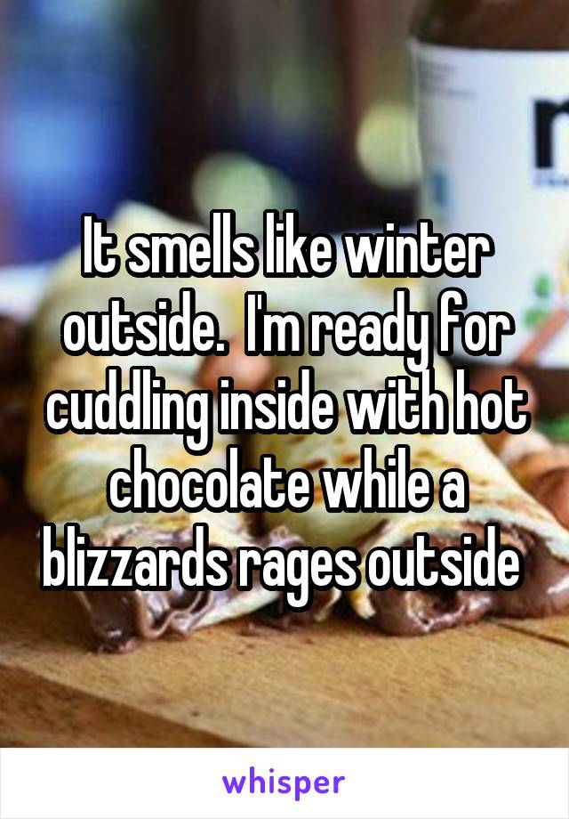 It smells like winter outside.  I'm ready for cuddling inside with hot chocolate while a blizzards rages outside 