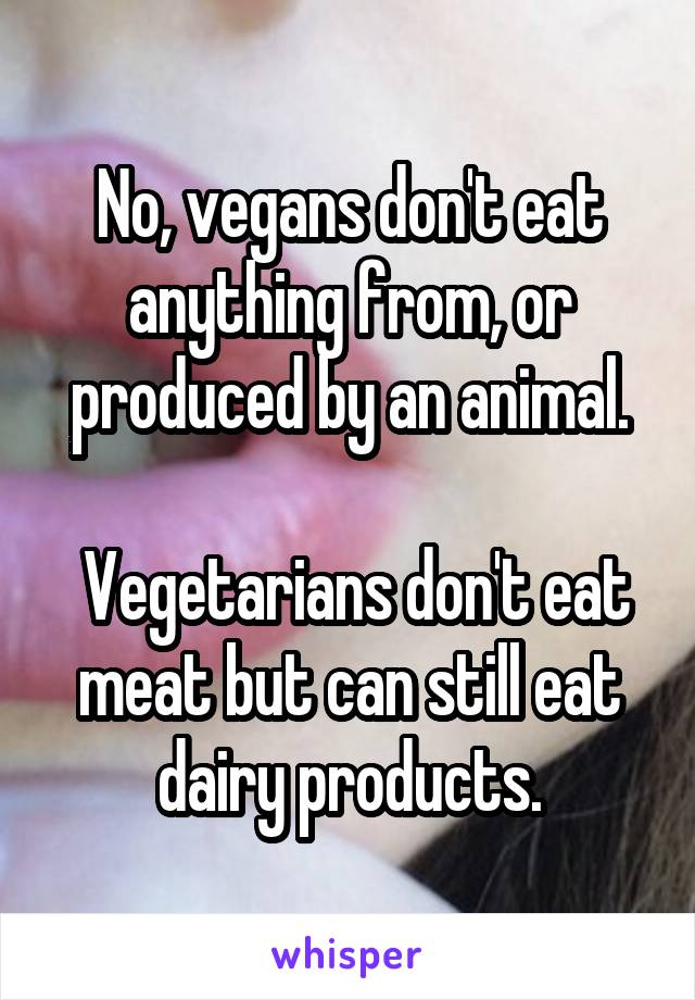 No, vegans don't eat anything from, or produced by an animal.

 Vegetarians don't eat meat but can still eat dairy products.