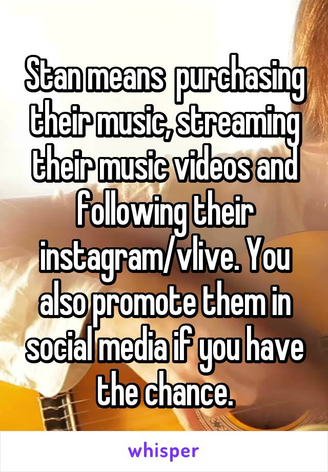 Stan means  purchasing their music, streaming their music videos and following their instagram/vlive. You also promote them in social media if you have the chance.