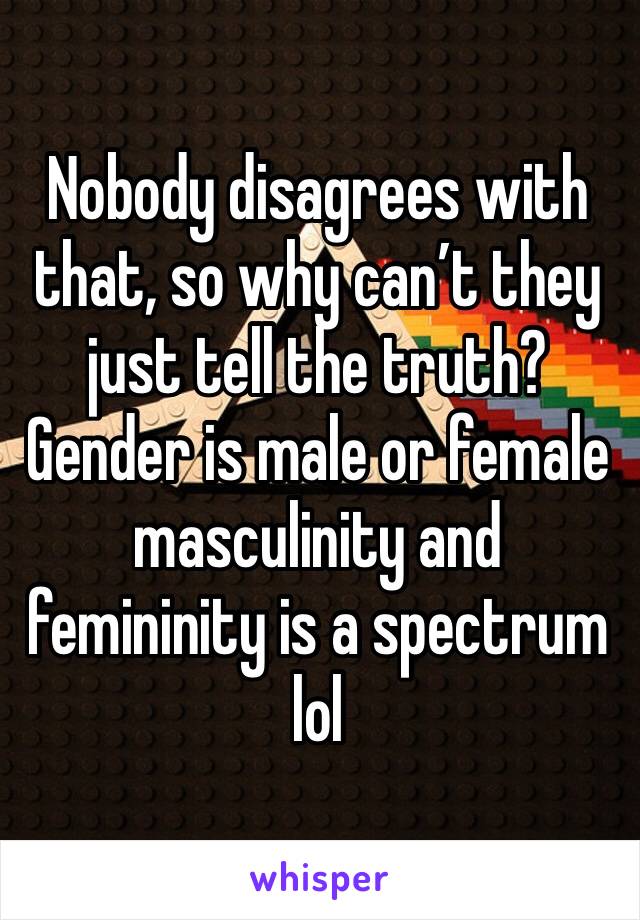 Nobody disagrees with that, so why can’t they just tell the truth? Gender is male or female masculinity and femininity is a spectrum lol