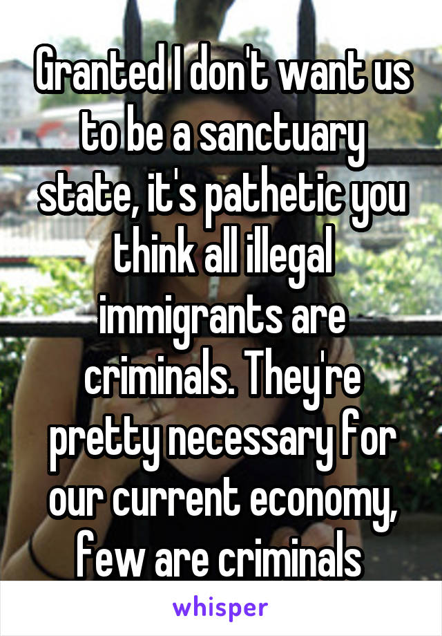 Granted I don't want us to be a sanctuary state, it's pathetic you think all illegal immigrants are criminals. They're pretty necessary for our current economy, few are criminals 