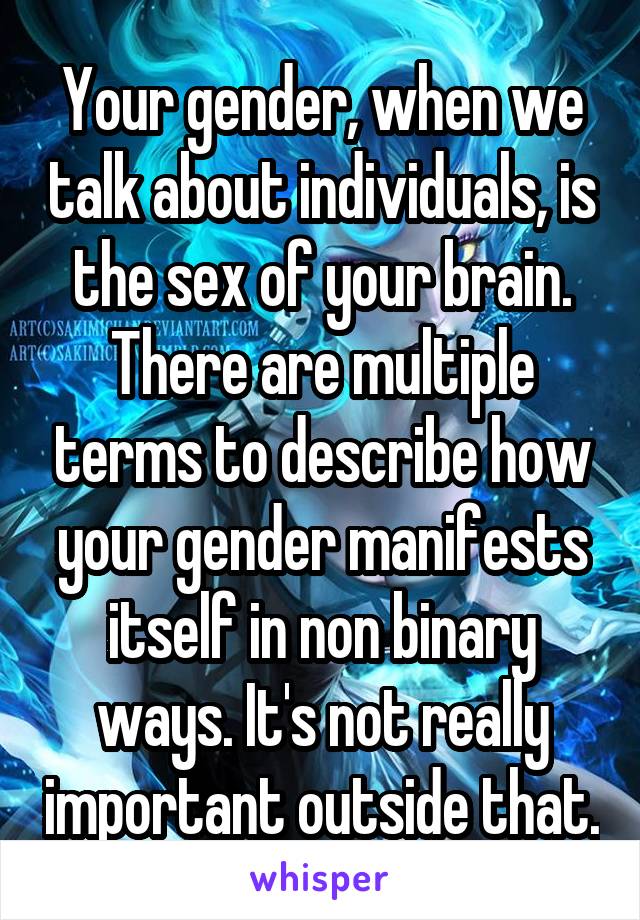 Your gender, when we talk about individuals, is the sex of your brain. There are multiple terms to describe how your gender manifests itself in non binary ways. It's not really important outside that.
