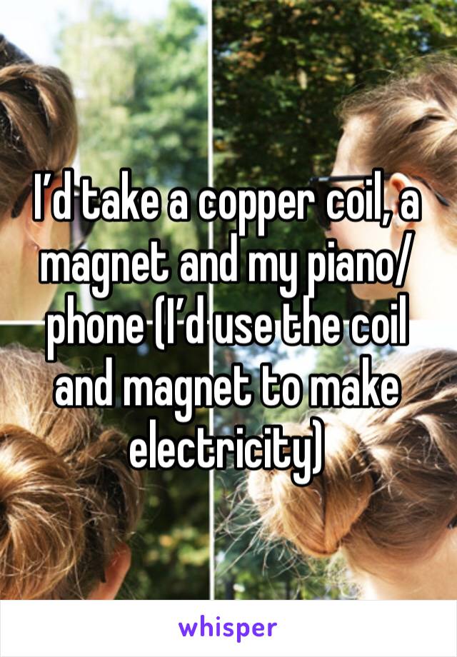 I’d take a copper coil, a magnet and my piano/phone (I’d use the coil and magnet to make electricity)