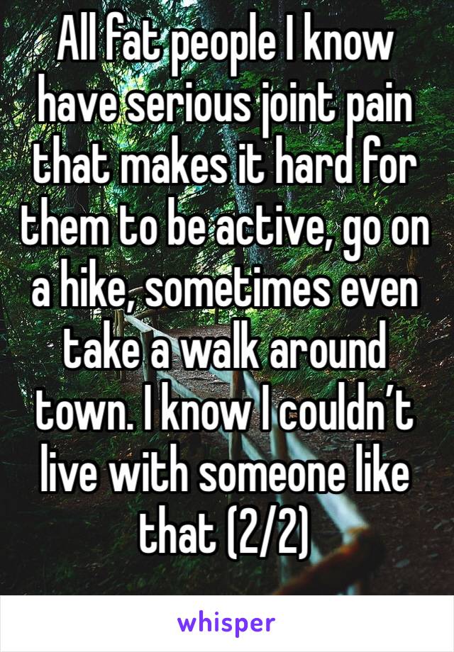All fat people I know have serious joint pain that makes it hard for them to be active, go on a hike, sometimes even take a walk around town. I know I couldn’t live with someone like that (2/2)