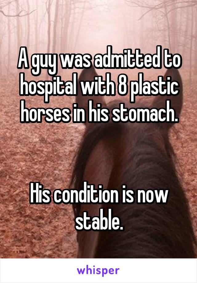 A guy was admitted to hospital with 8 plastic horses in his stomach.


His condition is now stable.