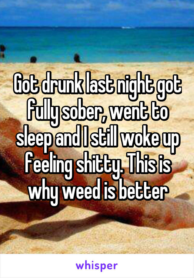 Got drunk last night got fully sober, went to sleep and I still woke up feeling shitty. This is why weed is better