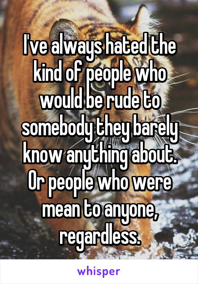 I've always hated the kind of people who would be rude to somebody they barely know anything about. Or people who were mean to anyone, regardless.