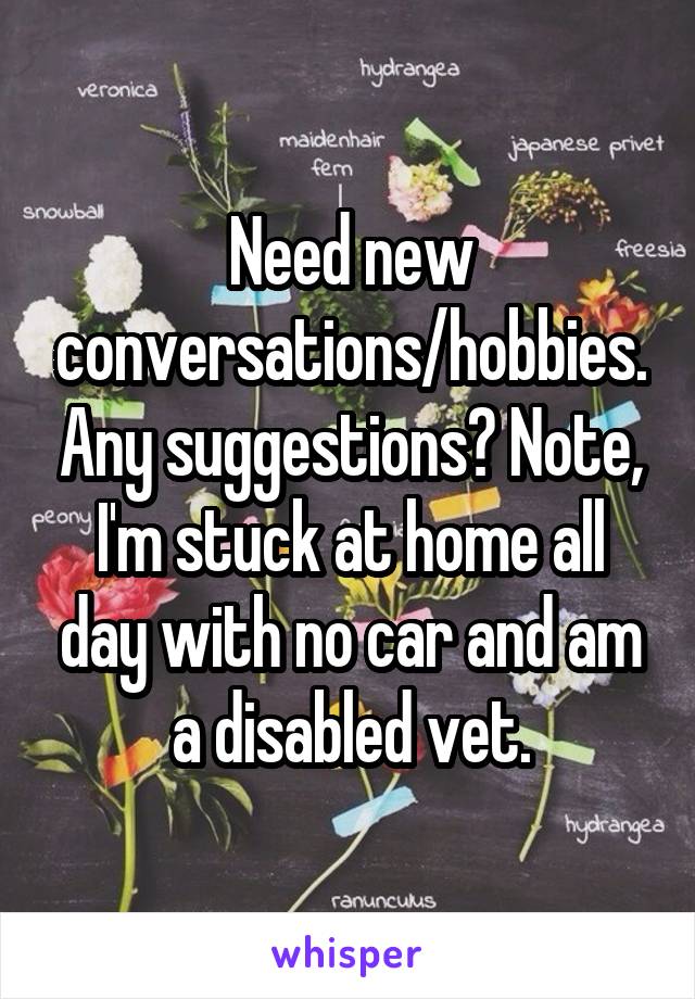 Need new conversations/hobbies. Any suggestions? Note, I'm stuck at home all day with no car and am a disabled vet.