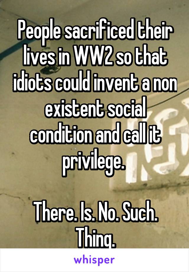 People sacrificed their lives in WW2 so that idiots could invent a non existent social condition and call it privilege. 

There. Is. No. Such. Thing.