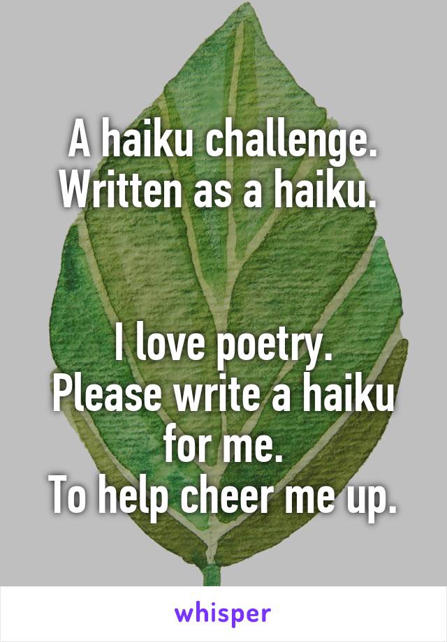 A haiku challenge. Written as a haiku. 


I love poetry.
Please write a haiku for me.
To help cheer me up.