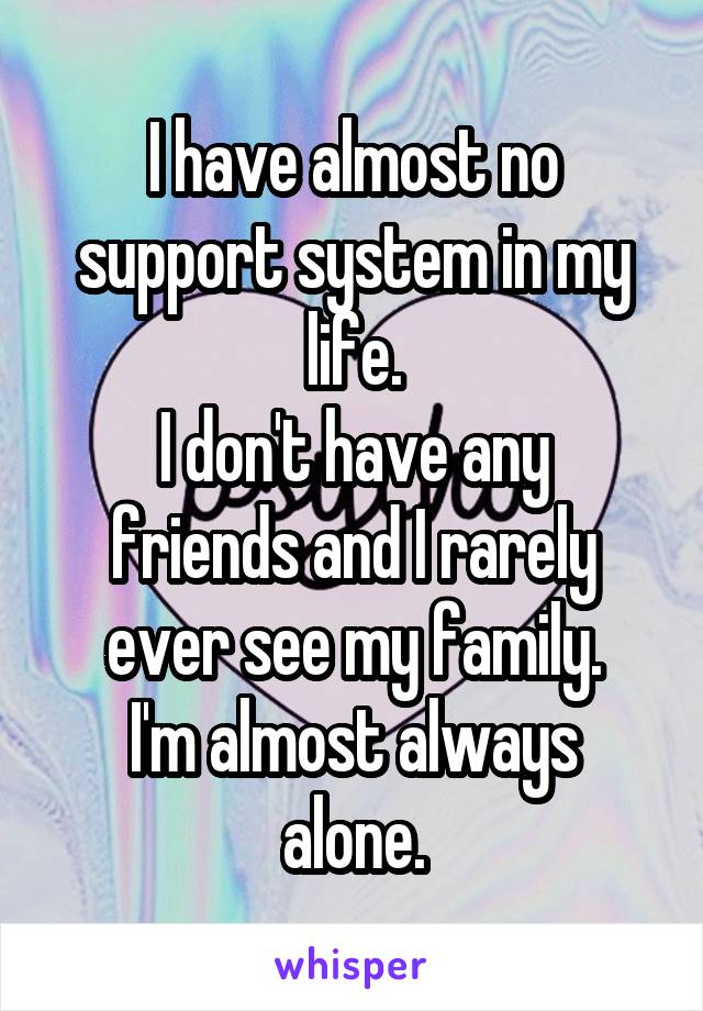 I have almost no support system in my life.
I don't have any friends and I rarely ever see my family.
I'm almost always alone.