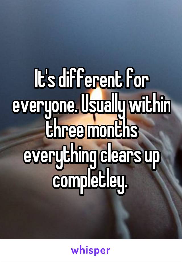 It's different for everyone. Usually within three months everything clears up completley. 