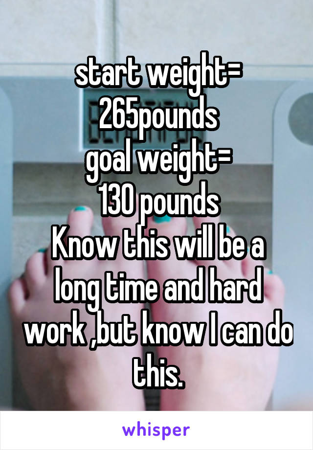 start weight= 265pounds
goal weight=
130 pounds
Know this will be a long time and hard work ,but know I can do this.