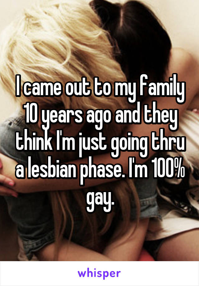 I came out to my family 10 years ago and they think I'm just going thru a lesbian phase. I'm 100% gay.