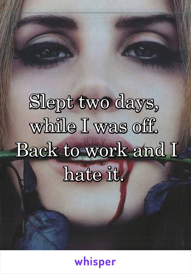 Slept two days,  while I was off.  Back to work and I hate it. 