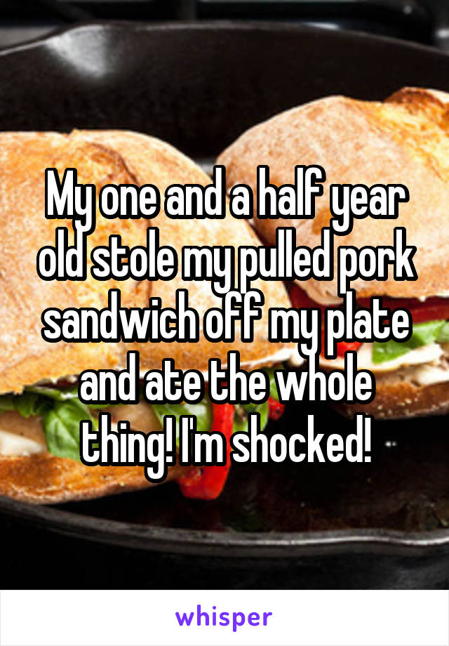 My one and a half year old stole my pulled pork sandwich off my plate and ate the whole thing! I'm shocked!