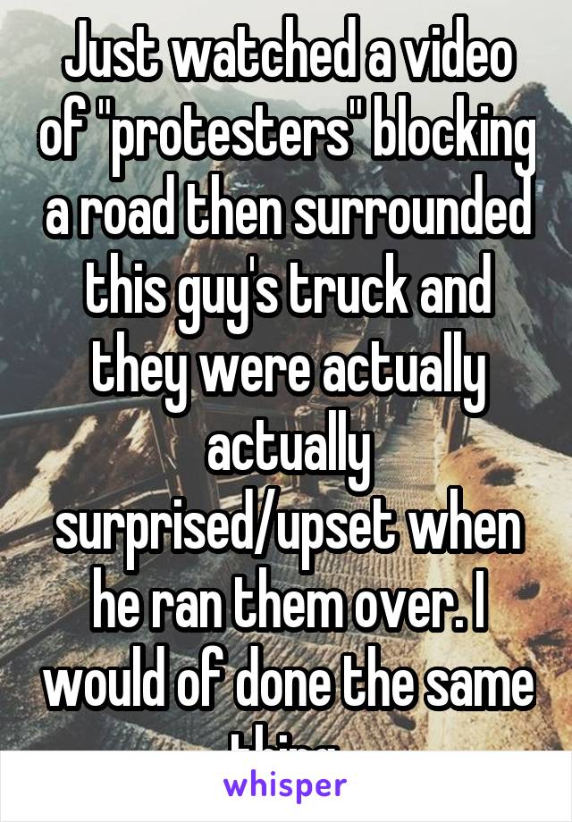 Just watched a video of "protesters" blocking a road then surrounded this guy's truck and they were actually actually surprised/upset when he ran them over. I would of done the same thing.