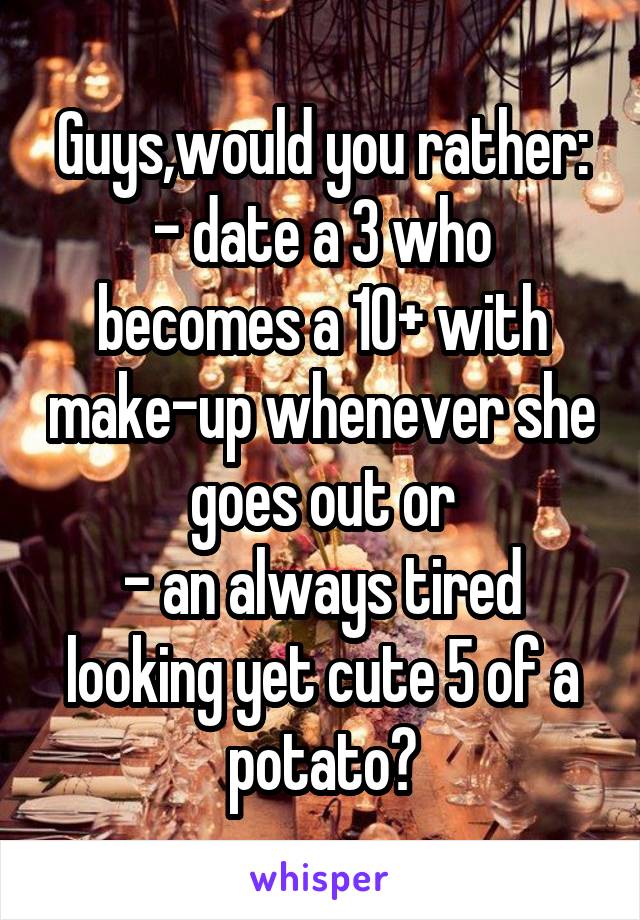 Guys,would you rather:
- date a 3 who becomes a 10+ with make-up whenever she goes out or
- an always tired looking yet cute 5 of a potato?
