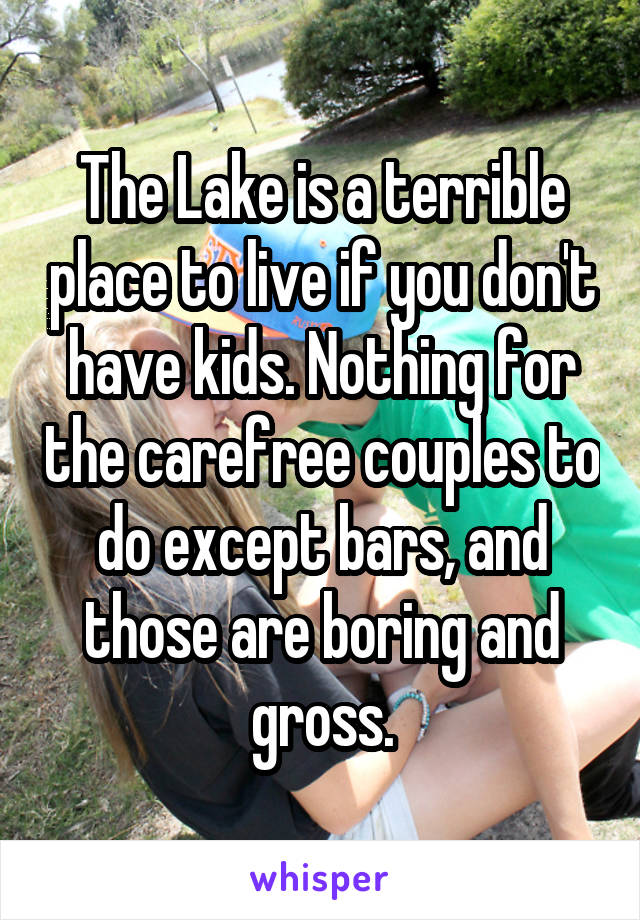 The Lake is a terrible place to live if you don't have kids. Nothing for the carefree couples to do except bars, and those are boring and gross.