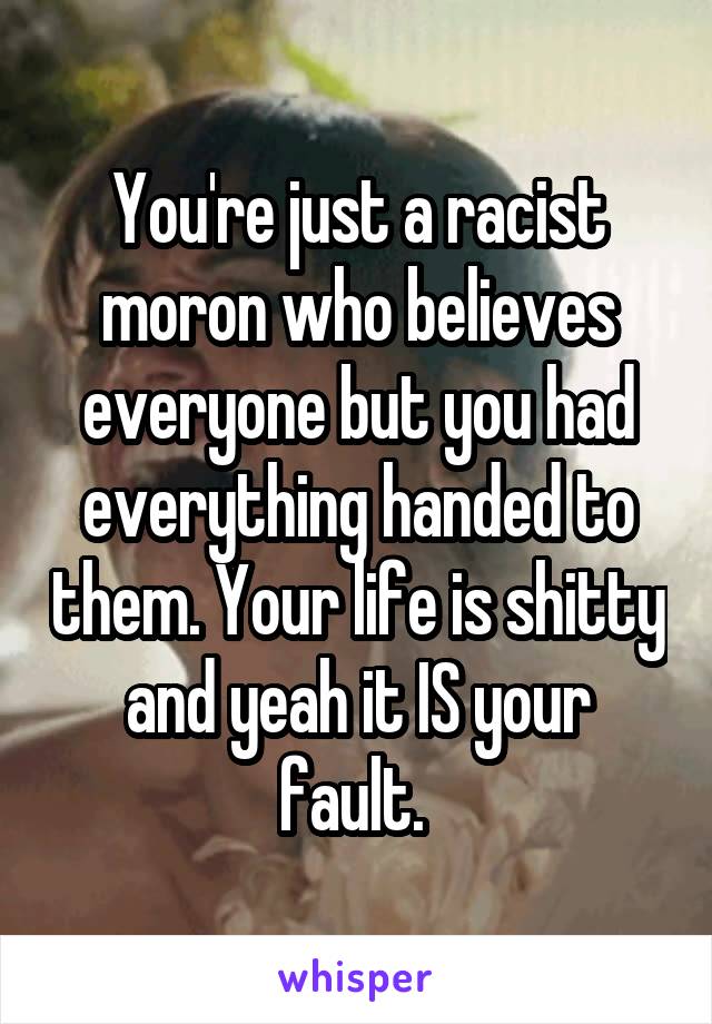 You're just a racist moron who believes everyone but you had everything handed to them. Your life is shitty and yeah it IS your fault. 