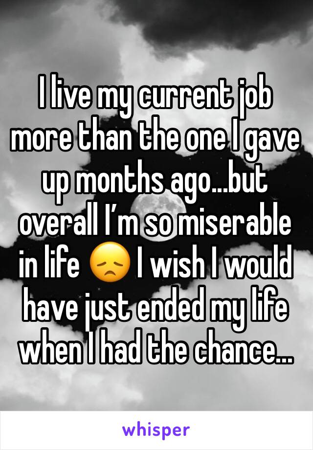 I live my current job more than the one I gave up months ago...but overall I’m so miserable in life 😞 I wish I would have just ended my life when I had the chance...