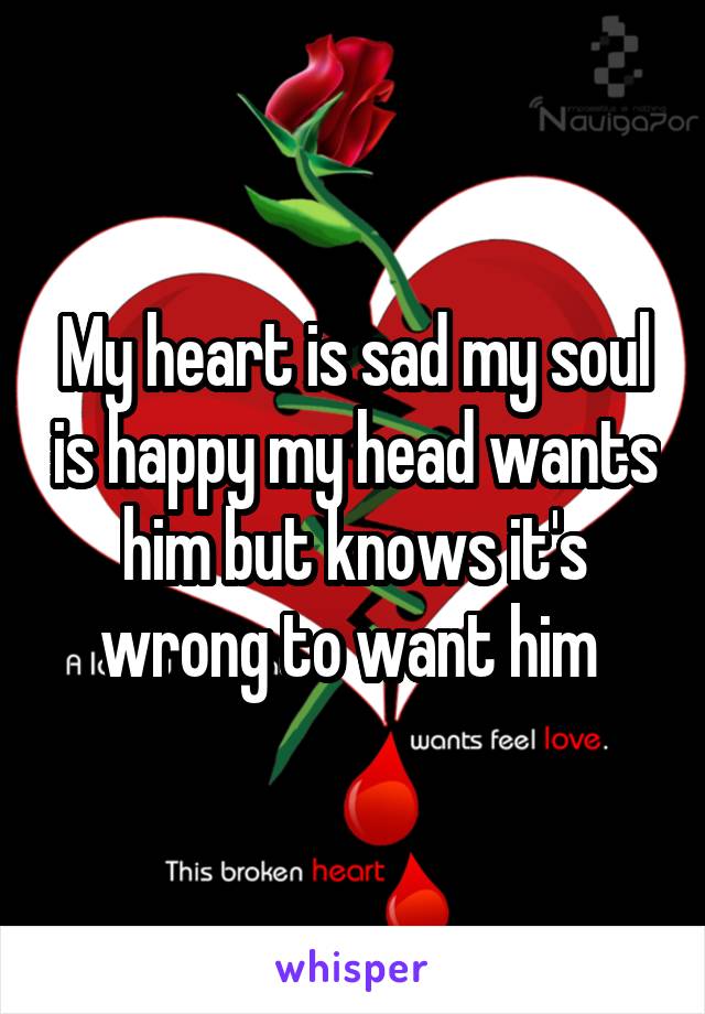 My heart is sad my soul is happy my head wants him but knows it's wrong to want him 