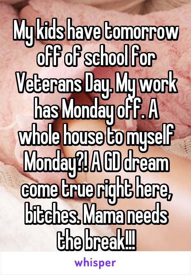 My kids have tomorrow off of school for Veterans Day. My work has Monday off. A whole house to myself Monday?! A GD dream come true right here, bitches. Mama needs the break!!!