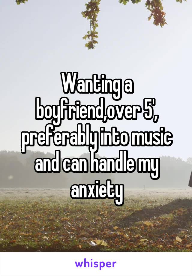 Wanting a boyfriend,over 5', preferably into music and can handle my anxiety