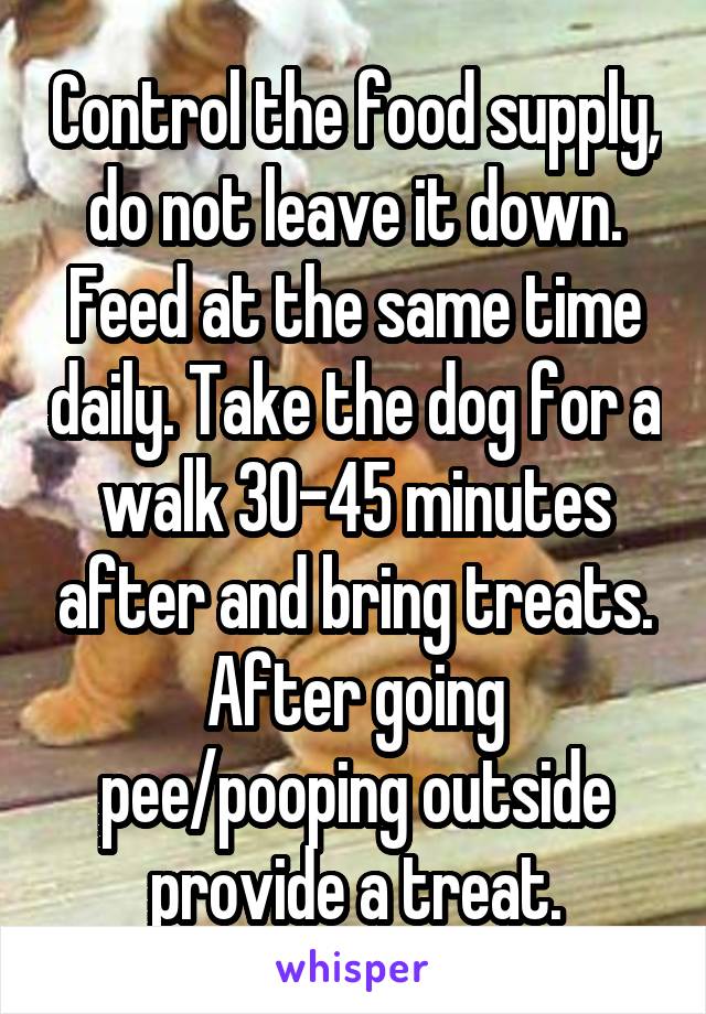 Control the food supply, do not leave it down. Feed at the same time daily. Take the dog for a walk 30-45 minutes after and bring treats. After going pee/pooping outside provide a treat.