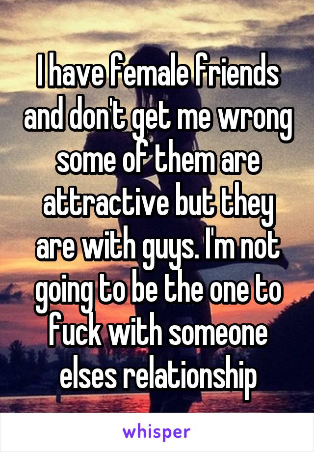I have female friends and don't get me wrong some of them are attractive but they are with guys. I'm not going to be the one to fuck with someone elses relationship
