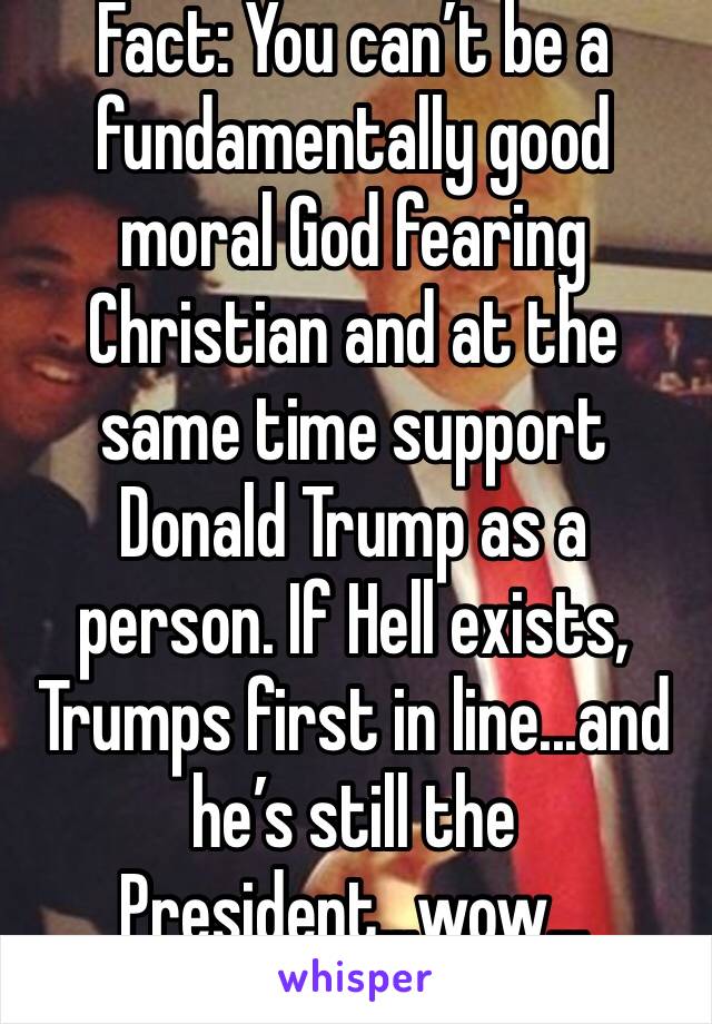 Fact: You can’t be a fundamentally good moral God fearing Christian and at the same time support Donald Trump as a person. If Hell exists, Trumps first in line...and he’s still the President...wow...