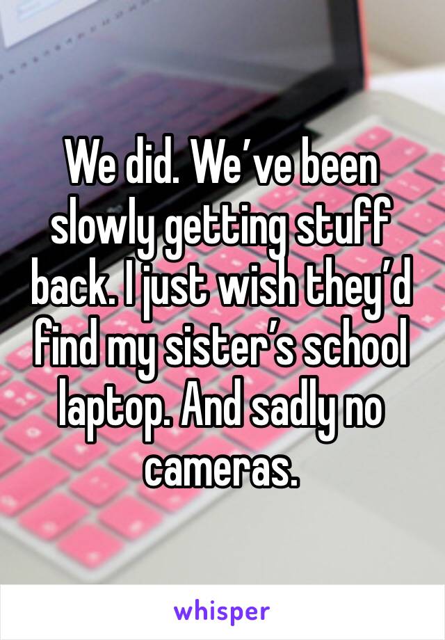 We did. We’ve been slowly getting stuff back. I just wish they’d find my sister’s school laptop. And sadly no cameras. 