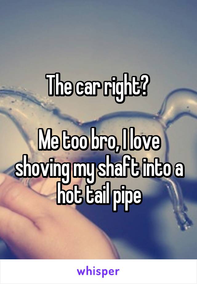 The car right? 

Me too bro, I love shoving my shaft into a hot tail pipe