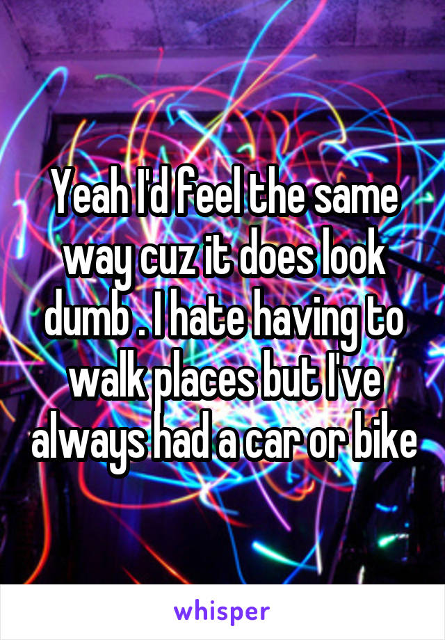 Yeah I'd feel the same way cuz it does look dumb . I hate having to walk places but I've always had a car or bike