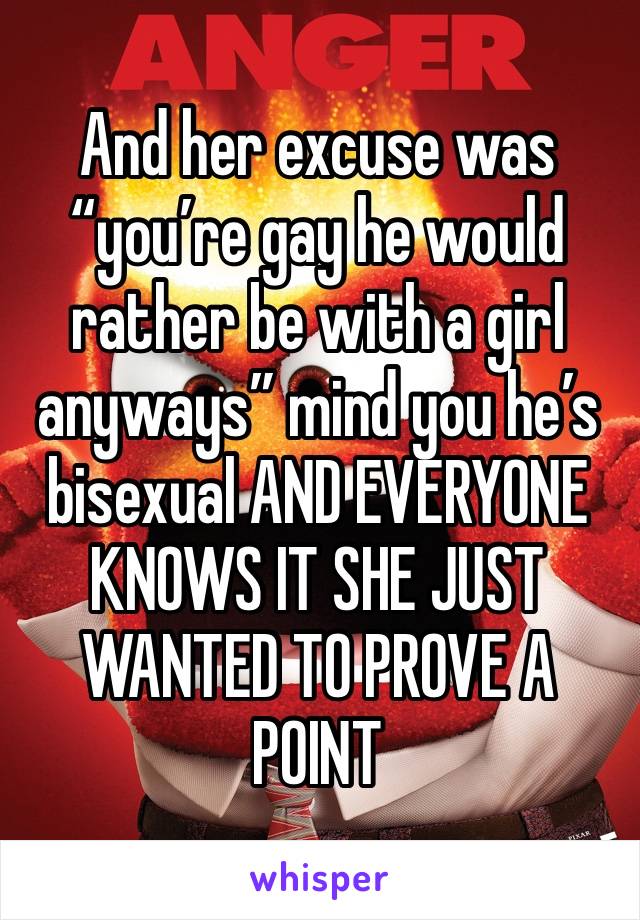 And her excuse was “you’re gay he would rather be with a girl anyways” mind you he’s bisexual AND EVERYONE KNOWS IT SHE JUST WANTED TO PROVE A POINT