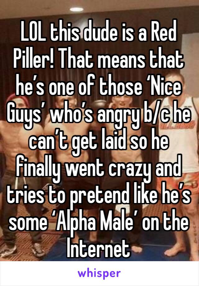 LOL this dude is a Red Piller! That means that he’s one of those ‘Nice Guys’ who’s angry b/c he can’t get laid so he finally went crazy and tries to pretend like he’s some ‘Alpha Male’ on the Internet