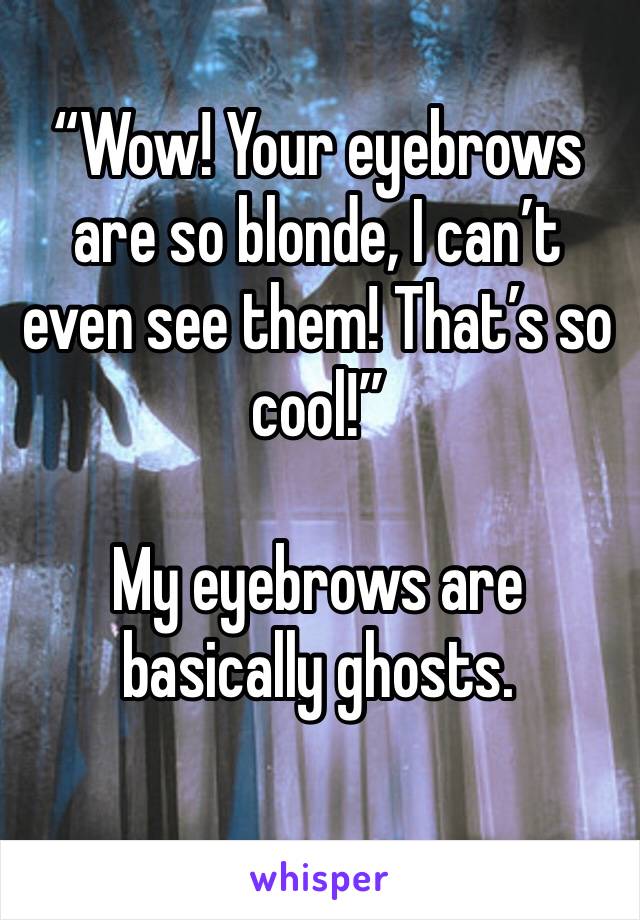 “Wow! Your eyebrows are so blonde, I can’t even see them! That’s so cool!”

My eyebrows are basically ghosts.