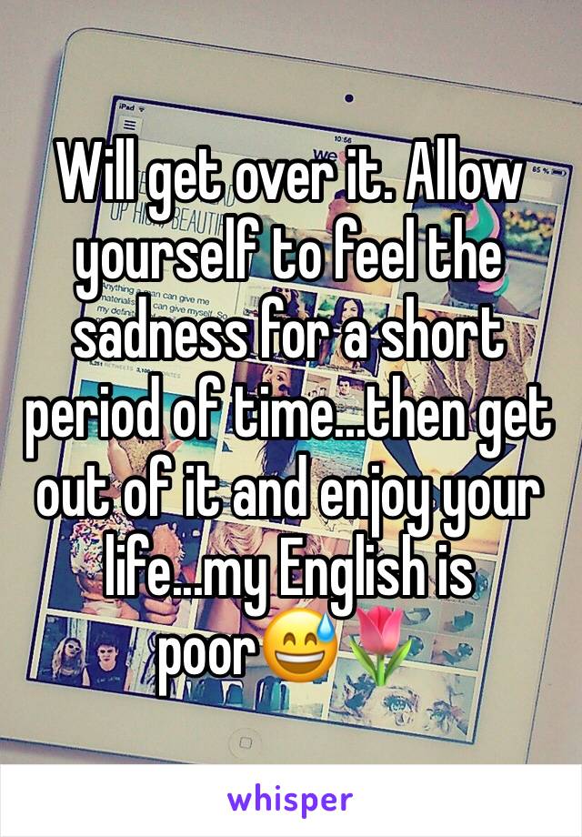 Will get over it. Allow yourself to feel the sadness for a short period of time...then get out of it and enjoy your life...my English is poor😅🌷