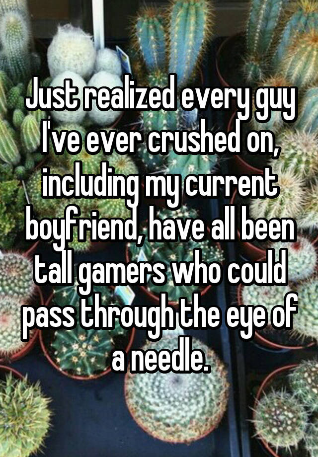 Just realized every guy I've ever crushed on, including my current boyfriend, have all been tall gamers who could pass through the eye of a needle.