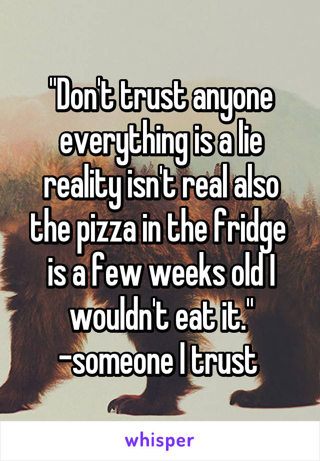 "Don't trust anyone everything is a lie reality isn't real also the pizza in the fridge  is a few weeks old I wouldn't eat it." -someone I trust 