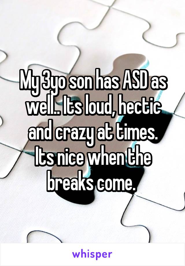 My 3yo son has ASD as well.. Its loud, hectic and crazy at times.
Its nice when the breaks come. 