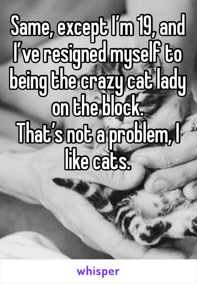Same, except I’m 19, and I’ve resigned myself to being the crazy cat lady on the block. 
That’s not a problem, I like cats. 